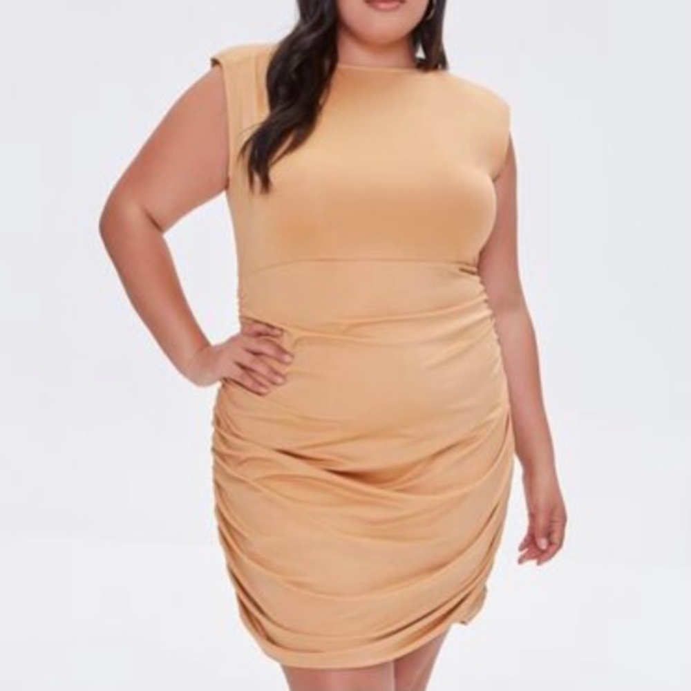 Camel Bodycon Ruched Dress